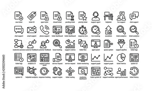 Collection of black and white line representing customer support and ticket management functions