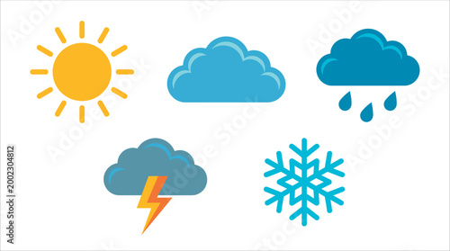 Comprehensive vector illustration set of weather forecast icons featuring sun, clouds, rain, and snow symbols for meteorology design and seasonal climate sign applications