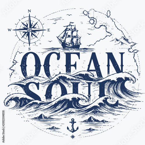 Ocean-themed vintage design featuring a ship and waves with compass and anchor elements