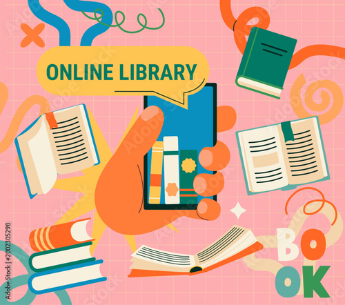 Concept of online library in hand.Smartphone for order book ,reading books via mobile,online store.Stories,poems,novels in mobile application.Education,studying,learning,self education concept.Vector