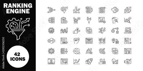 Collection of 42 thin line representing ranking engine, data analysis, and business processes