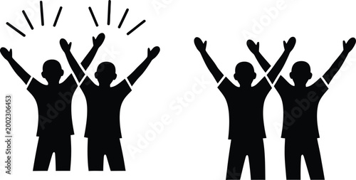 Joyful celebration silhouette four people with arms raised in exuberant triumph