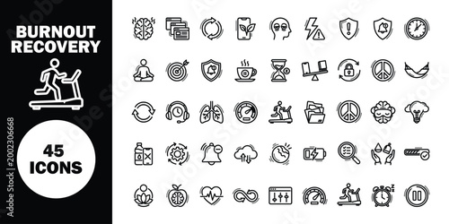 Burnout recovery brain, meditation, exercise, health, time management, and productivity symbols