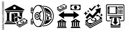 Banking and financial transaction icons set including atm, bank, and money transfer