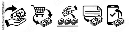 Money payment and refund process icons set