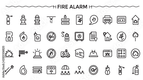 Fire Alarm and Emergency Safety Icons Featuring Firefighters, Extinguishers, and Hazard Response Symbols