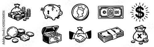 Financial icons collection with cash, coins, treasure chest and handshake