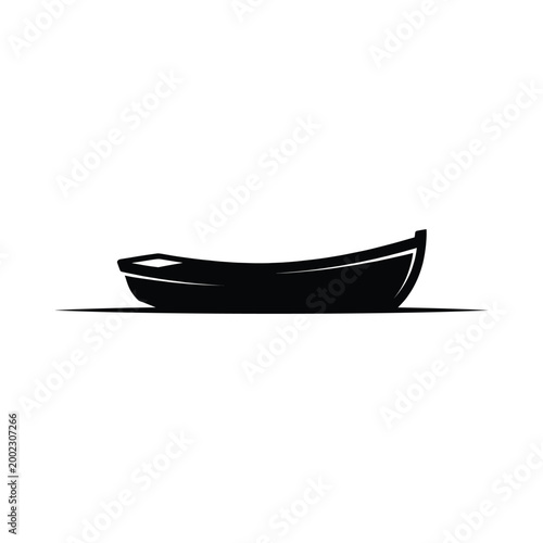 Black silhouette of a simple rowboat with a curved hull and pointed bow, isolated on a white background