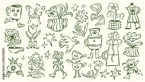 Whimsical Retro Botanical & Coffee Doodle Character Collection. Vector Illustration Set.