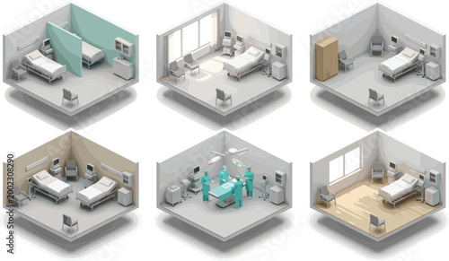 Isometric Hospital Room and Operating Theater Illustration Set Featuring Healthcare Interior Patient Care and Medical Facility Concepts