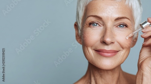 Portrait of an elderly woman applying skincare with toner and hyaluronic acid serum against a soft blue background