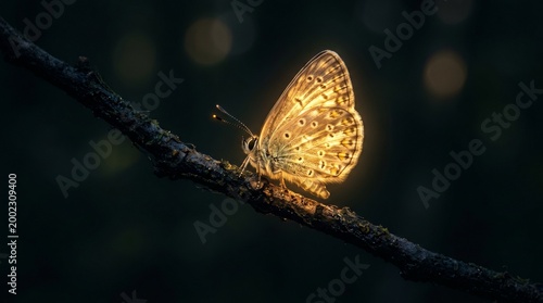 Macro photography of a glowing butterfly illuminated by warm golden sunlight resting on a branch against a dark moody background.