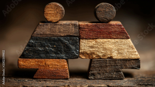 Wooden Blocks Representing Balanced Gender Rights, Justice, and Human Rights - Conceptual stock image showing equality, inclusion, and fairness in society and business.