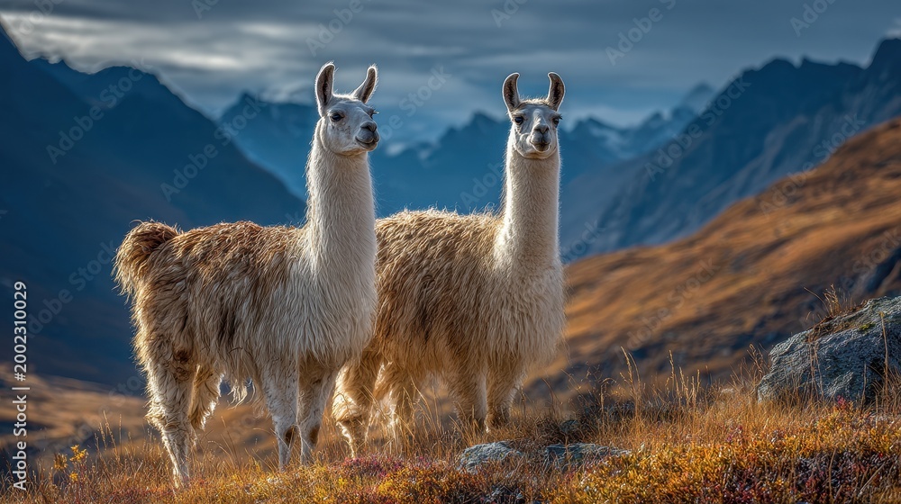 Fototapeta premium Two llamas on a sunlit ridge with a dramatic mountain backdrop