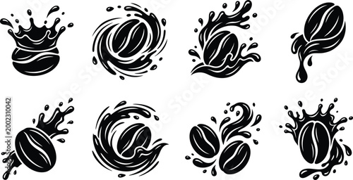 Coffee splash, cup and beans silhouette vector icon set for coffee house branding, menu design and vector illustration elements