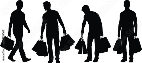 Professional collection of male shopper silhouettes carrying multiple retail shopping bags and paper packages