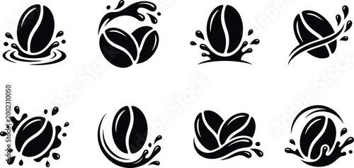 Coffee splash, cup and beans silhouette vector icon set for cafe logo, restaurant branding and commercial design use
