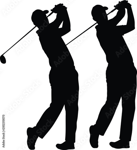 Golf swing silhouette two golfers in mid swing action black and white illustration