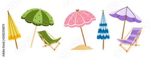 Set of beach umbrellas and chairs. Colorful striped sun loungers and parasols. Flat vector illustration of summer seaside furniture collection isolated on white background.