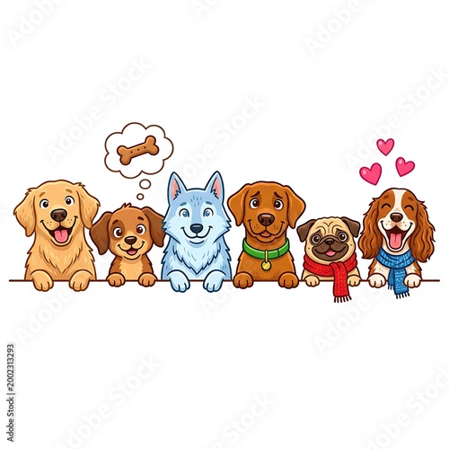 Happy cartoon dogs of different breeds and colors standing together