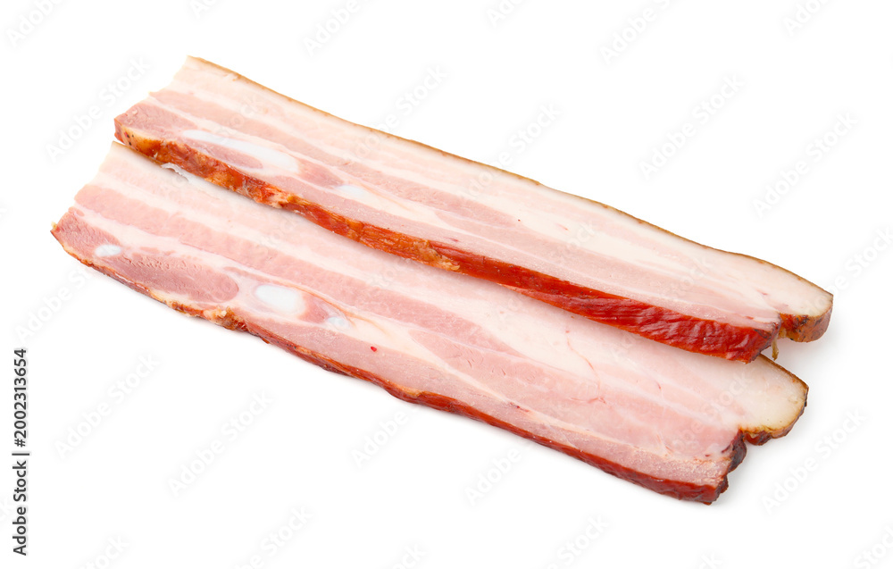 Obraz premium Pieces of smoked bacon isolated on white