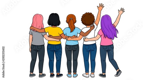 Diverse group of young women standing together with arms around each other in unity