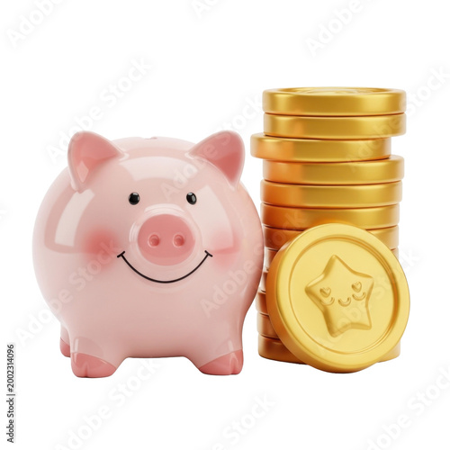 Smiling pink piggy bank with golden coins