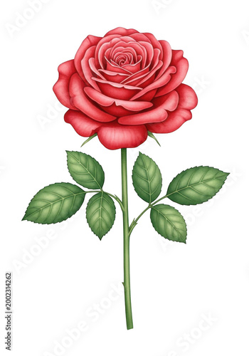 Beautiful red rose illustration with green leaves isolated on transparent background isolated on transparent background