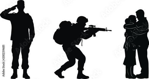 Military personnel silhouette saluting soldier armed figure and parent with child
