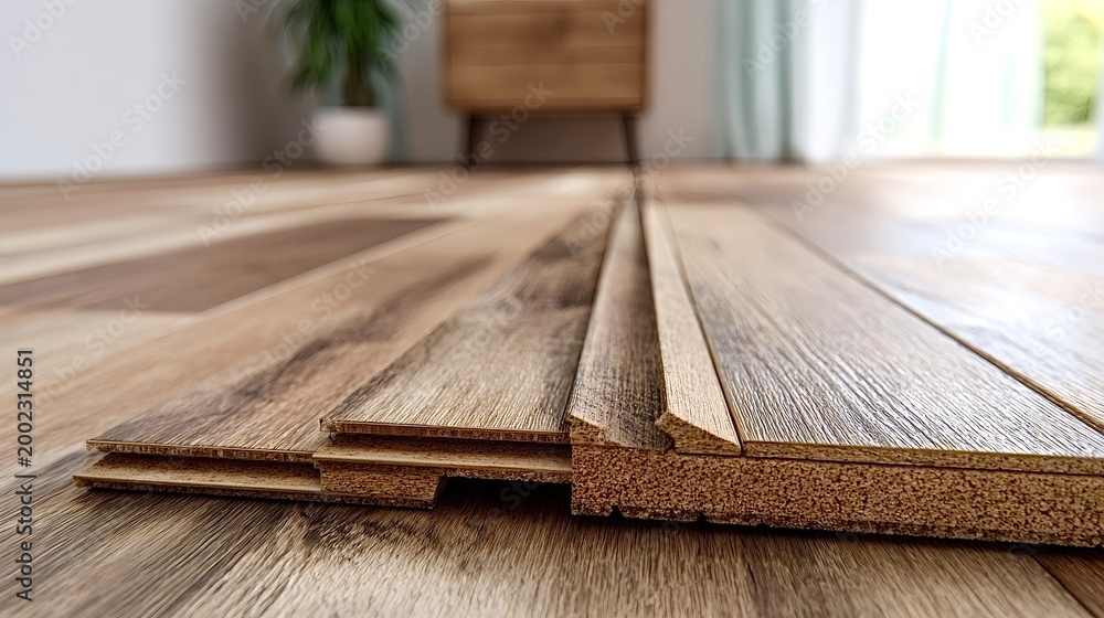 Naklejka premium Laminate flooring planks revealing click lock system during installation
