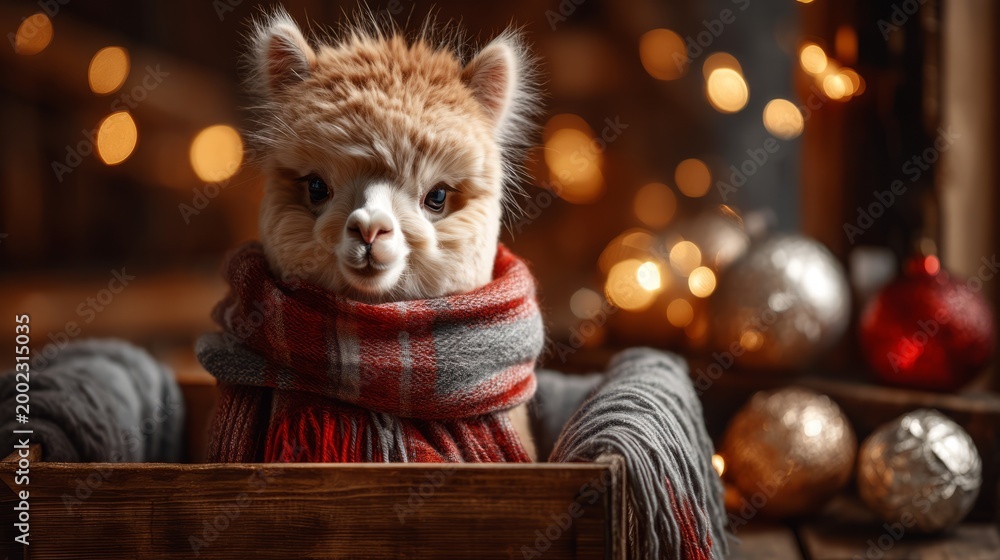 Fototapeta premium Cute Alpaca Wearing a Cozy Scarf Sitting Indoors in a Festive Setting