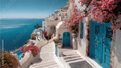 Panoramic view of Santorini's white facades, blue domes, and the blue Aegean sea