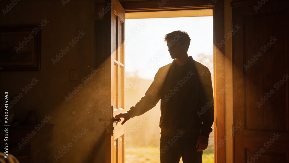 Fototapeta premium A man stands in the doorway of a home, looking out at the bright sunlight. He appears to be contemplating his mortgage and loan options, planning for his future.