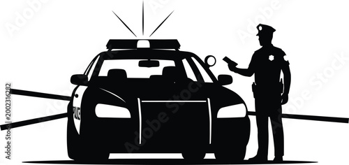 Police silhouette officer directing traffic around a vehicle with flashing lights