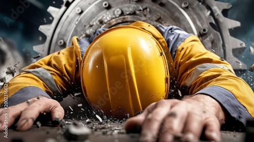 Worker in Yellow Helmet Falling Backward Near Industrial Machinery