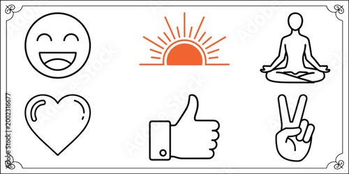 Set of outline icons representing emotions and positive social media symbols in simple graphic design