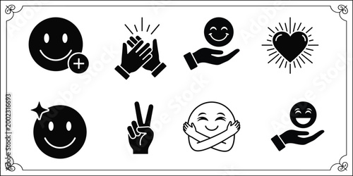 Set of social media icons and symbols for positive emotion and communication including emojis peace sign and happy faces