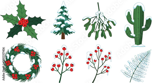 Winter Christmas botanical vector set featuring holly leaves snow covered pine tree mistletoe berries wreath and frozen cactus plant icons for festive holiday decorations.