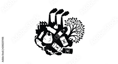 Environmental pollution concept with industrial waste and plastic trash vector illustration