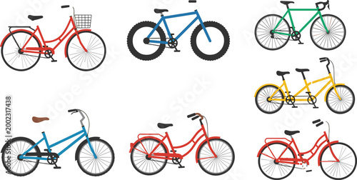 Bicycle vector collection featuring different types of bikes including city cruiser mountain bike road racer tandem and vintage styles for healthy lifestyle design.