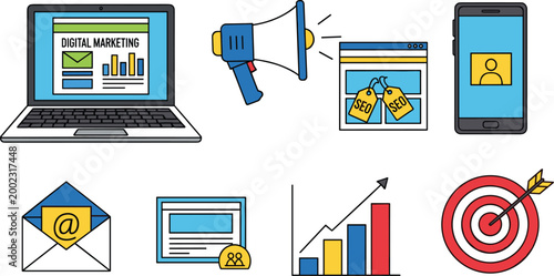 Digital marketing and online advertising flat vector icon set featuring laptop business analytics megaphone bullhorn target and growth charts.