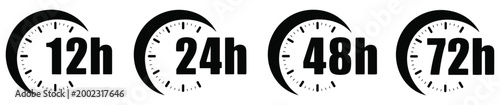 Time's Progression: Clock face set marking various durations from 12 to 72 hours, Time, deadline, waiting time, time management, punctual time, delivery time.