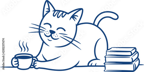 Cat relaxing with coffee and books vector illustration, cozy home scene, cute feline resting beside warm cup and stacked novels