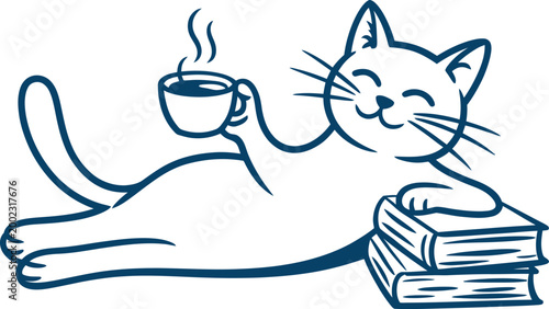 Cat relaxing with coffee and books vector illustration, charming cozy aesthetic, laid-back cat enjoying reading time with coffee mug