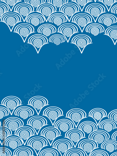 観世水文様の和風フレーム背景（青・夏・挨拶状・テンプレート・重心下）：Japanese traditional Kanze-mizu water ripple frame background in blue. Vector template with bottom-heavy composition for summer greetings.