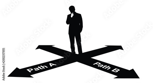 Businessman in suit stands at crossroads choosing between path A or path B decision