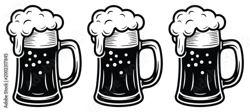 Mugs of Beer: Dark ale with thick, foamy head, classic style, drinking.