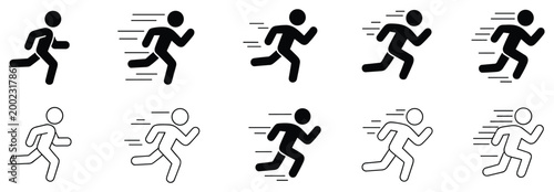 Running Man Icons: Dynamic visual representation of movement and speed. Athlete sign, fast man symbol, run concept, quickness.
