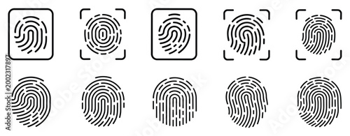 Fingerprint Identification Icons: A set of digital fingerprints for security and identification. security symbol, digital identification, biometric data, personal authentication, unique pattern.