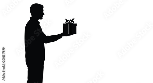 Silhouette of a man presenting a gift box with a decorative bow on it to someone